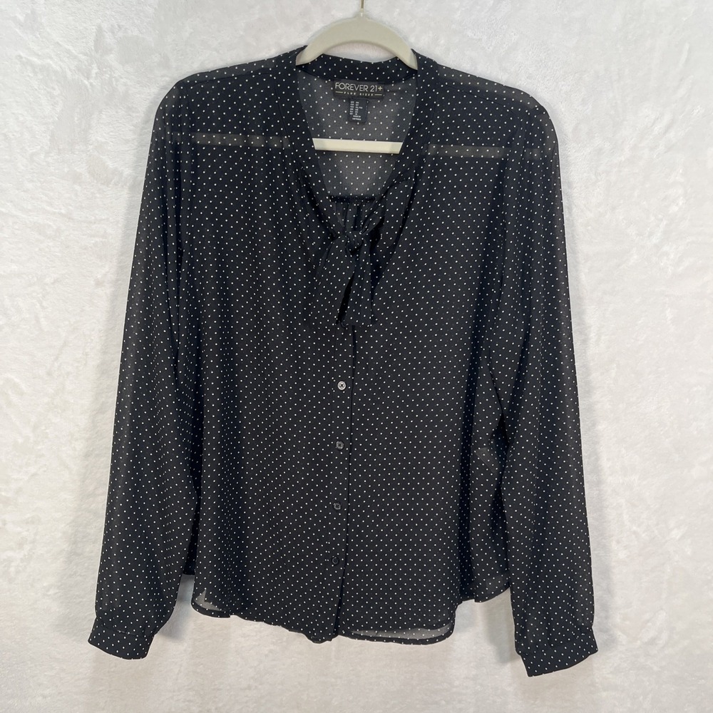 Forever 21 Button Front Blouse Plus Womens 0X Polka Dot Front Tie Black Sheer